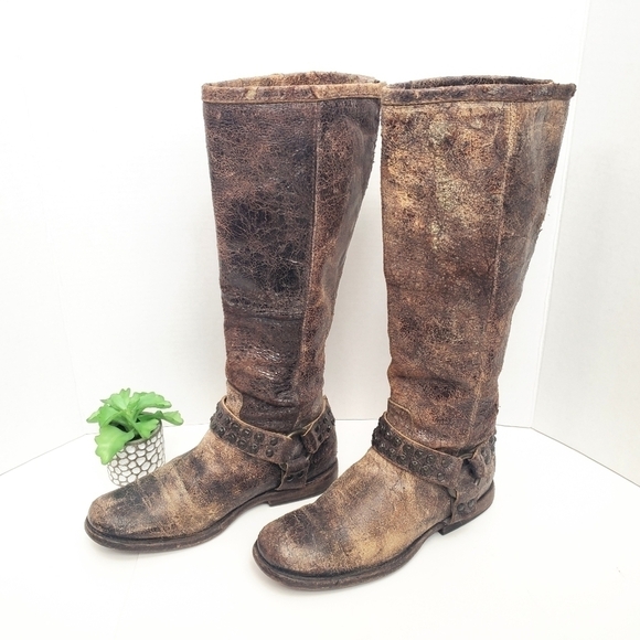 Frye Phillip Studded Harness Tall Riding Boots Brown Distressed Leather Size 5.5 - Picture 1 of 7